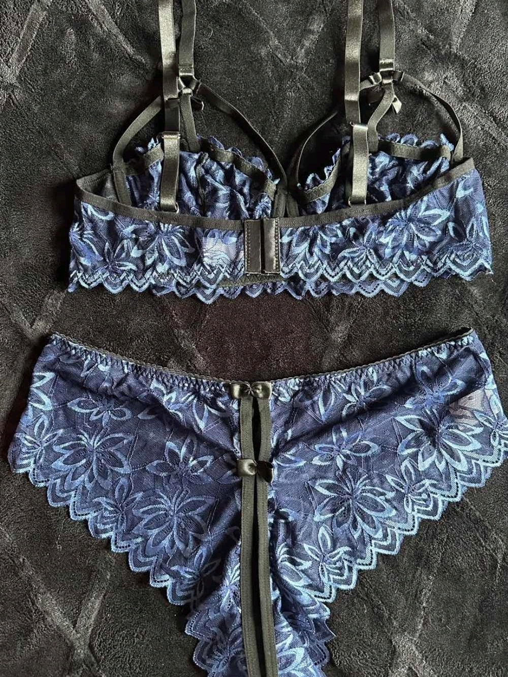 Lace Strappy Bralette & Panty Set - Navy Blue